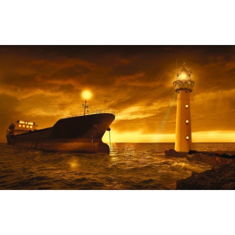 Schiff mit Leuchtturm