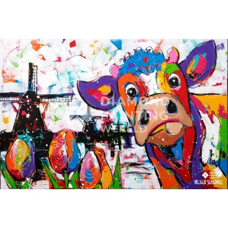 Kuh mit Tulpen und Windmühlen | Exklusiv bei Diamond Painting Welt