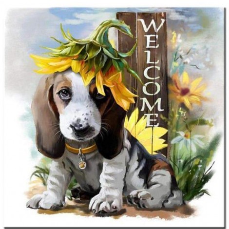 Hund mit Sonnenblume