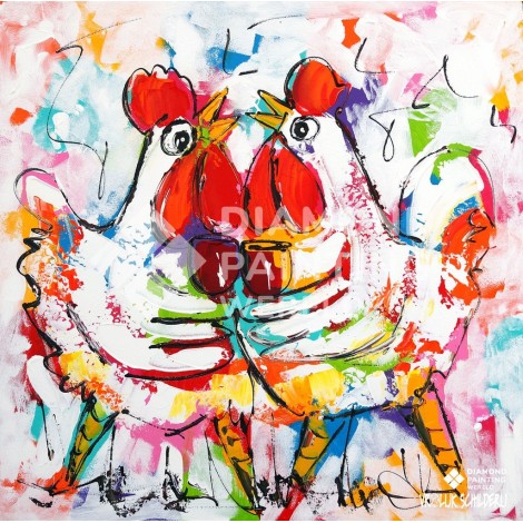 Hühner mit einem Glas Wein | Exklusiv bei Diamond Painting Welt