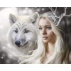 Weißer Wolf mit blondem Mädchen